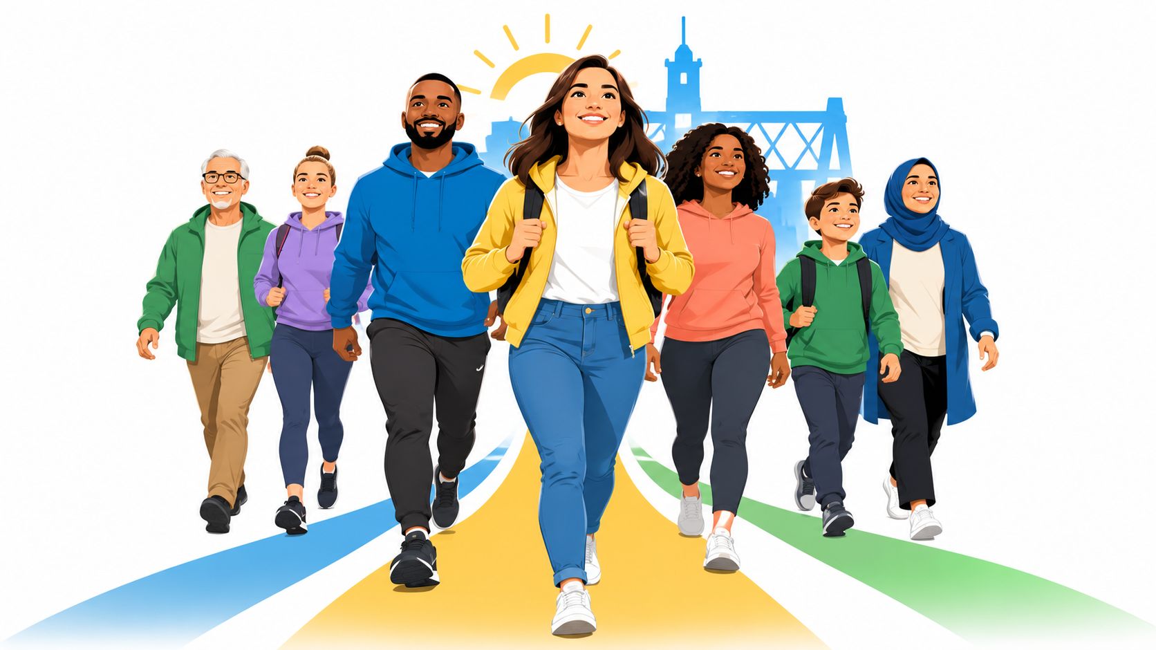 Groupe diversifié de personnes souriantes marchant ensemble vers un avenir lumineux et positif sur une route colorée.