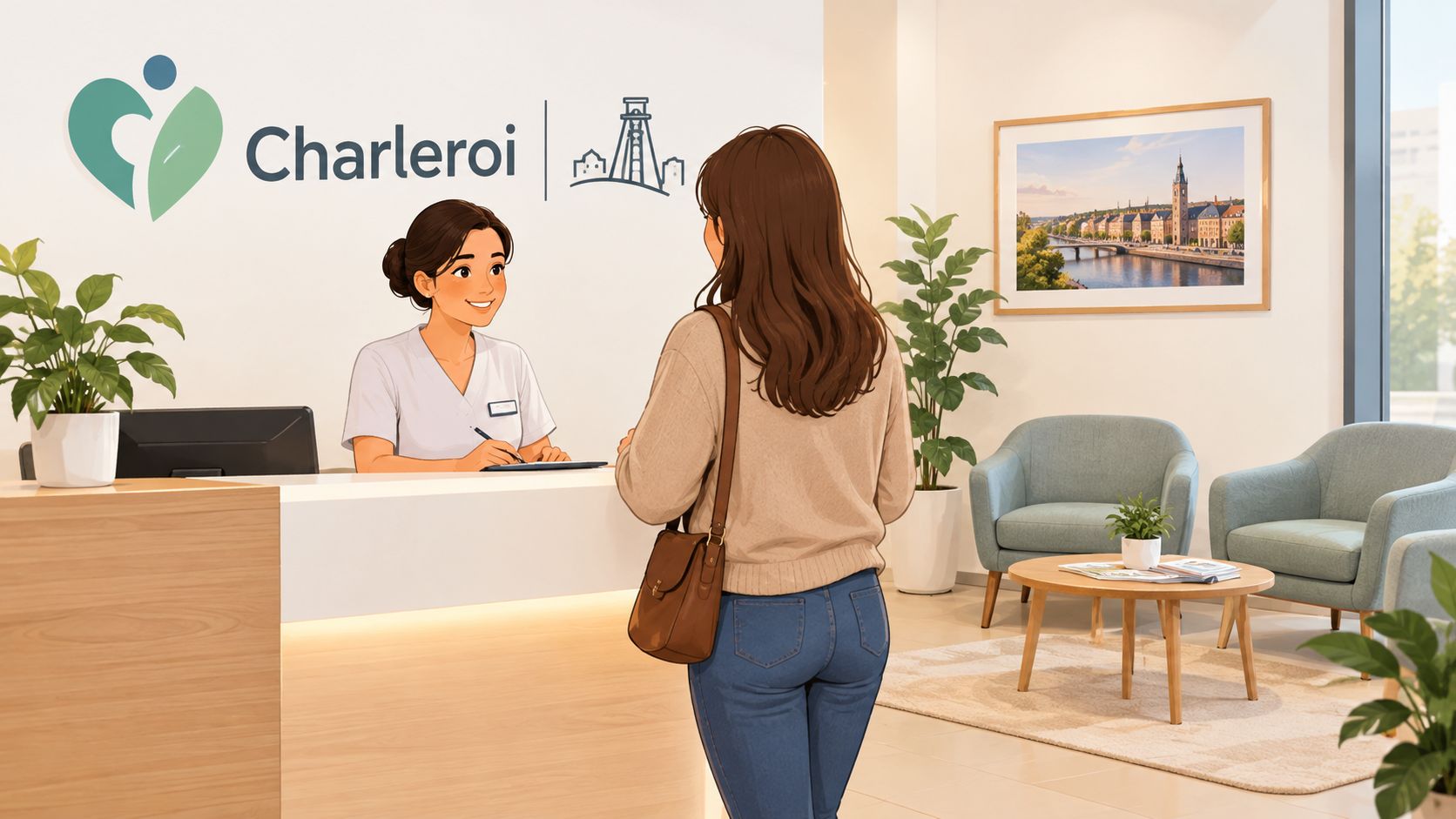 Une réceptionniste souriante accueille une patiente dans un centre de santé moderne situé à Charleroi.