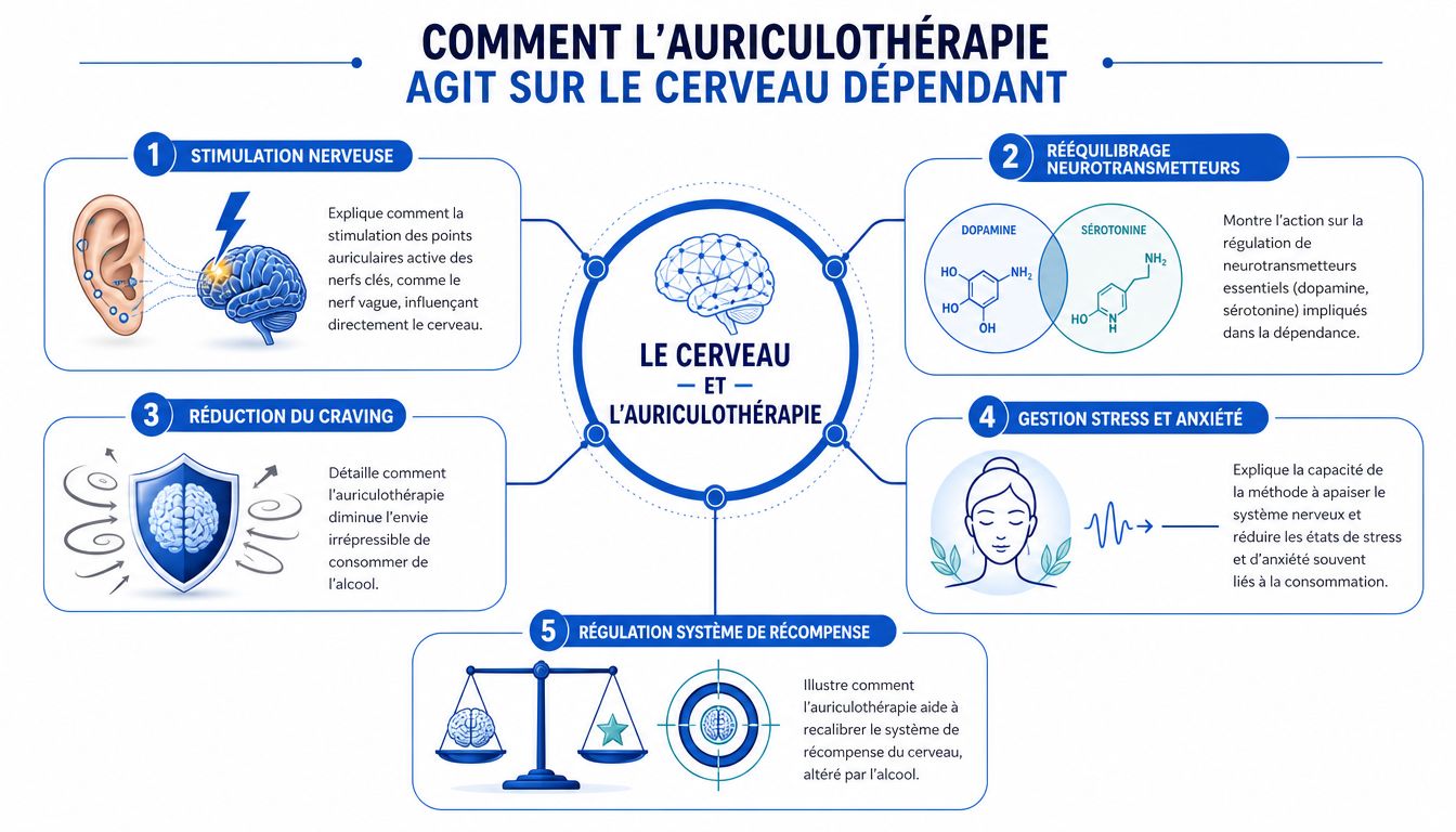 Auriculothérapie pour l’alcool : une méthode qui agit sur le cerveau et ses 2 Schéma explicatif montrant comment l'auriculothérapie agit sur le cerveau pour traiter la dépendance à l'alcool.