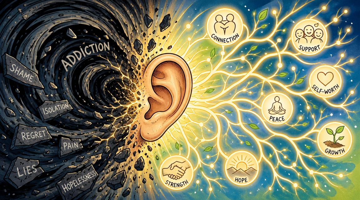 Illustration montrant une oreille centrale reliant un tourbillon d'addiction sombre à un arbre de vie lumineux.