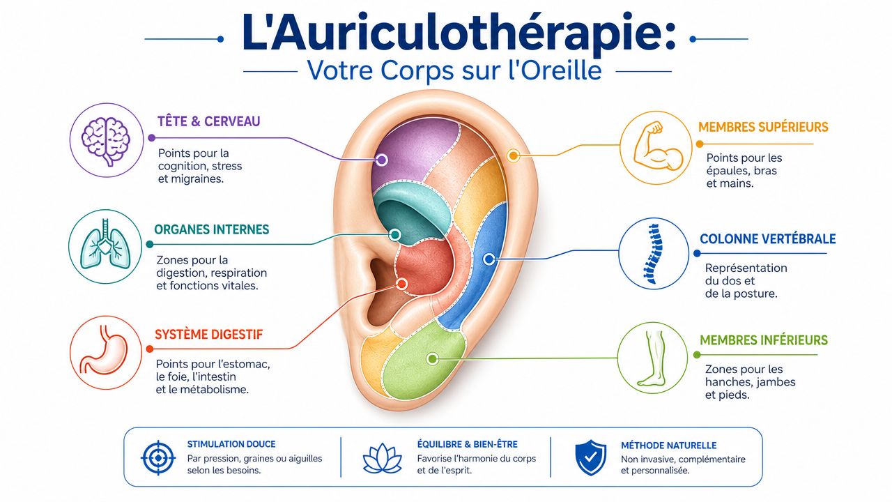Schéma explicatif de l'auriculothérapie montrant les différentes zones de l'oreille reliées aux organes et parties du corps.