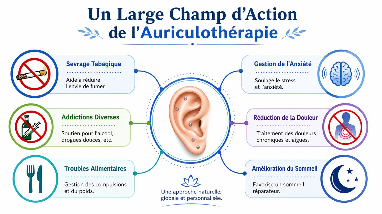 Infographie présentant les bienfaits de l'auriculothérapie pour le sevrage tabagique, le stress, la douleur et le sommeil.