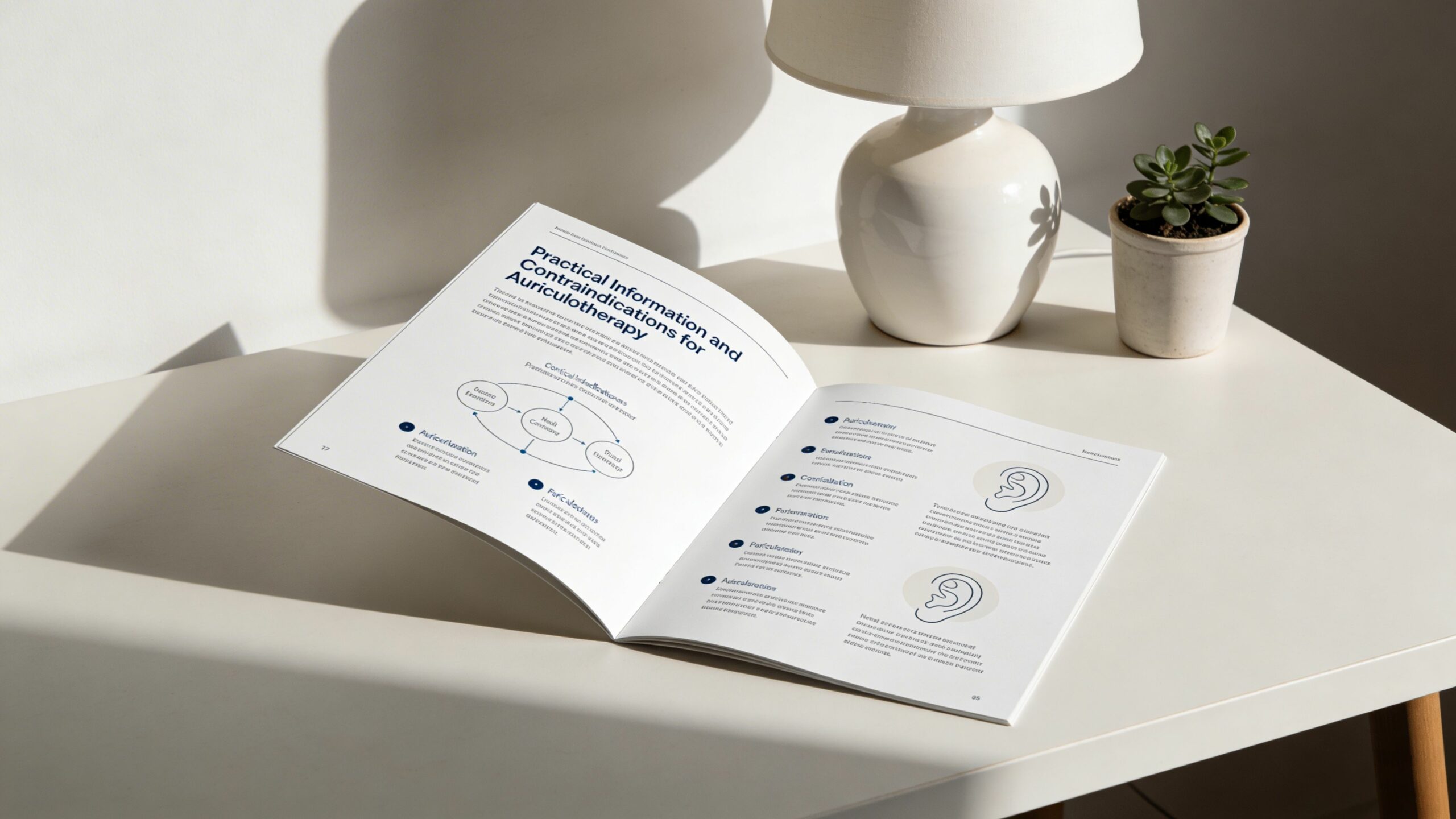 Livre ouvert sur une table présentant des informations pratiques sur les contre-indications en auriculothérapie pour le bien-être.