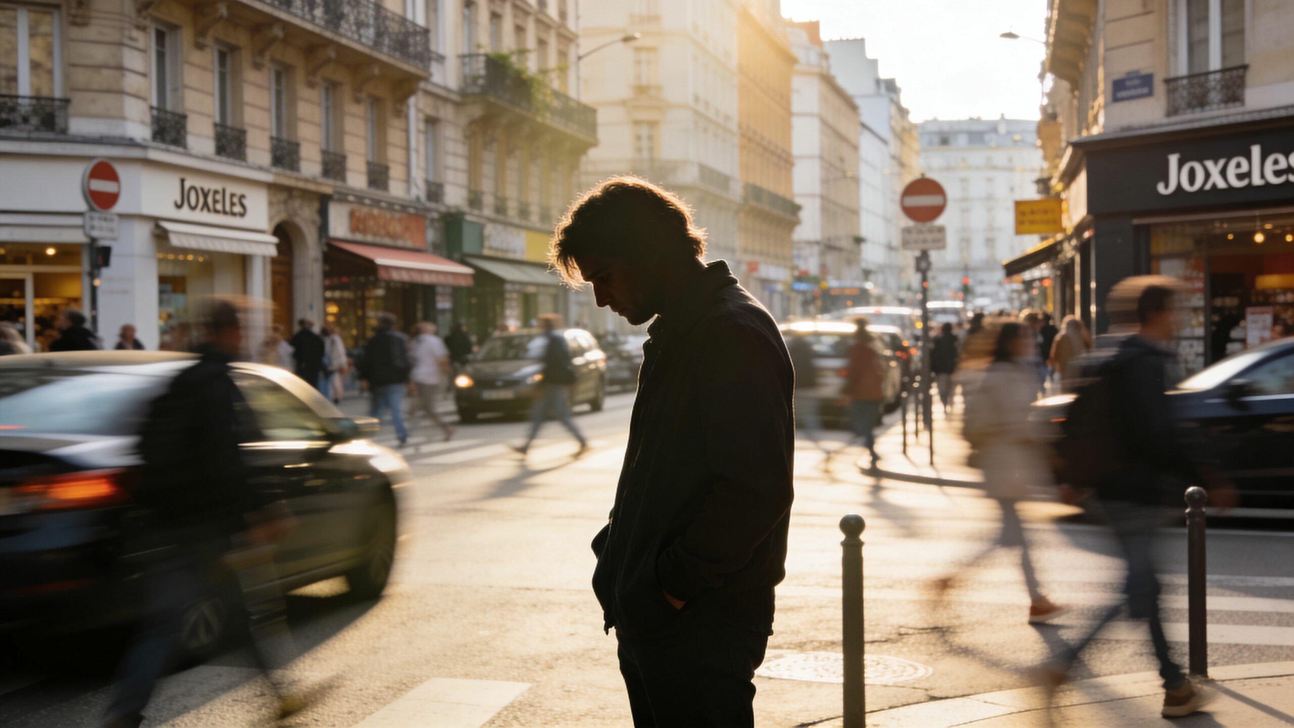 Un jeune homme pensif debout dans une rue animée de Bruxelles, symbolisant le stress et l'anxiété urbaine.