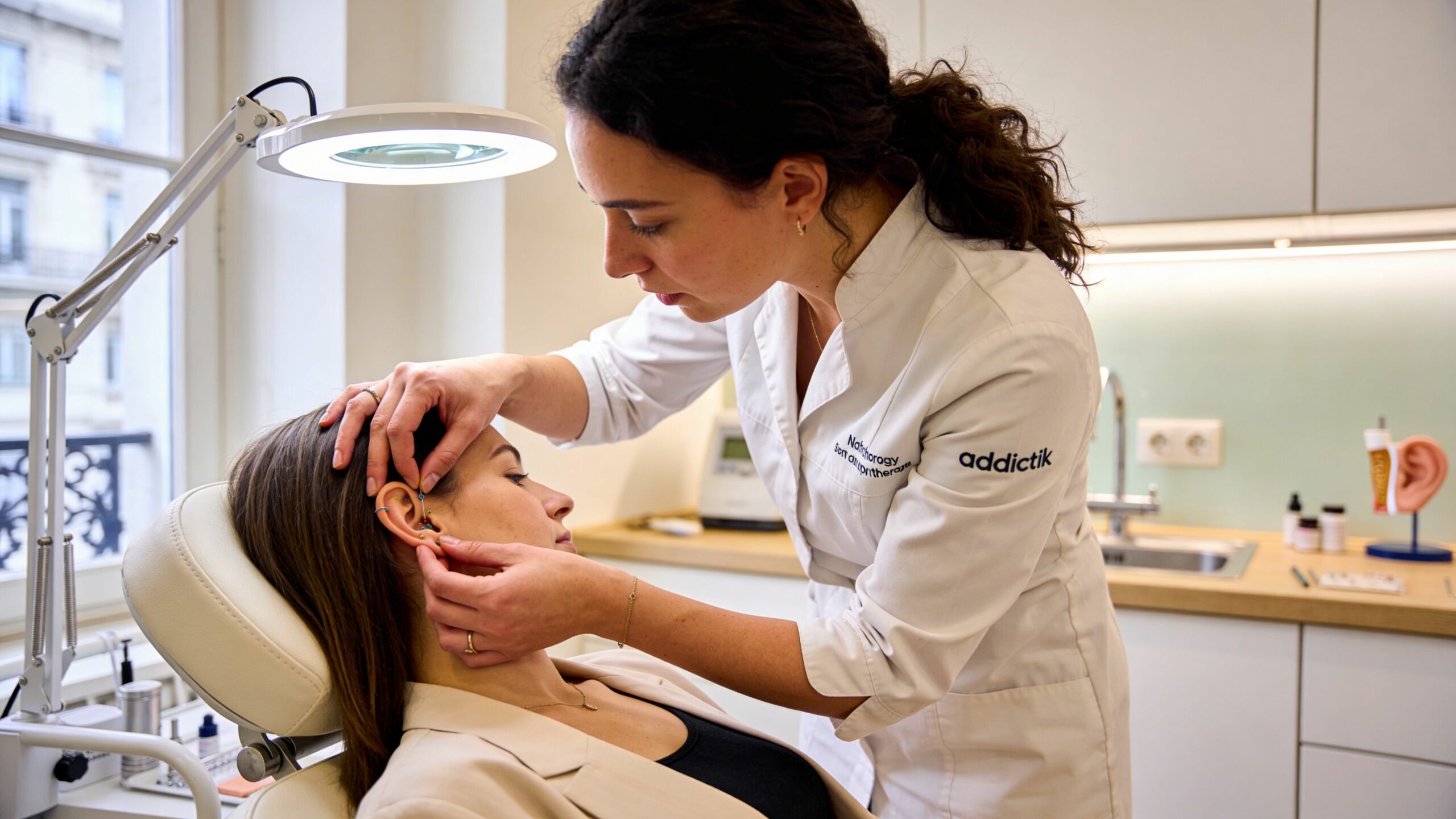 Une praticienne en auriculothérapie effectue un soin sur l'oreille d'une patiente dans un cabinet médical professionnel.