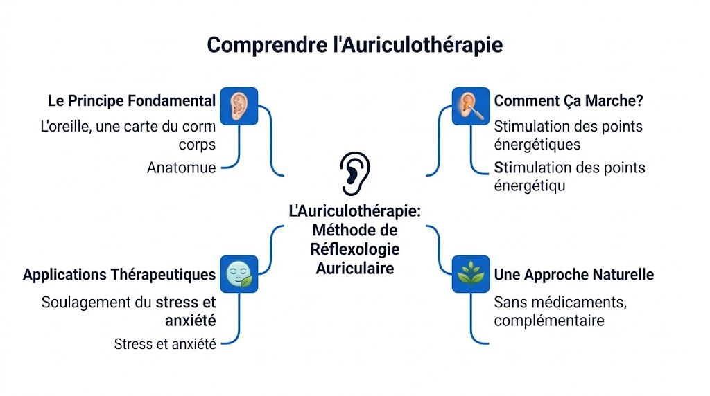 Infographie explicative sur l'auriculothérapie montrant ses principes, son fonctionnement et ses bienfaits pour le stress et l'anxiété.