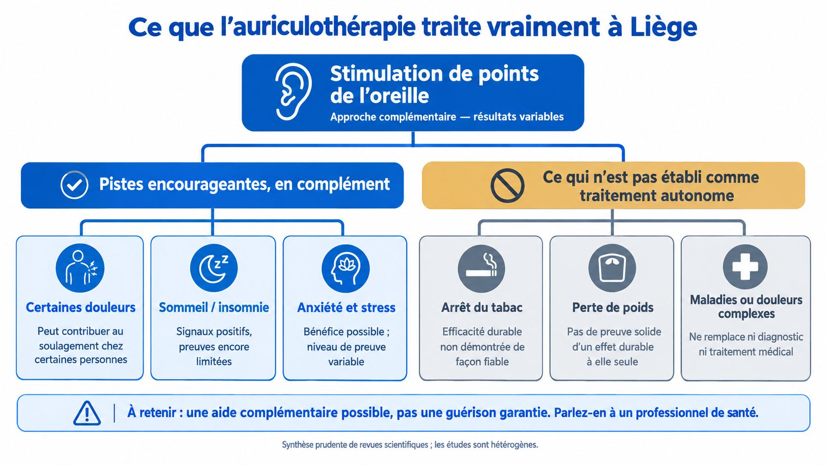 Infographie résumant les indications et limites de l'auriculothérapie pour le traitement de la douleur, du stress et autres.