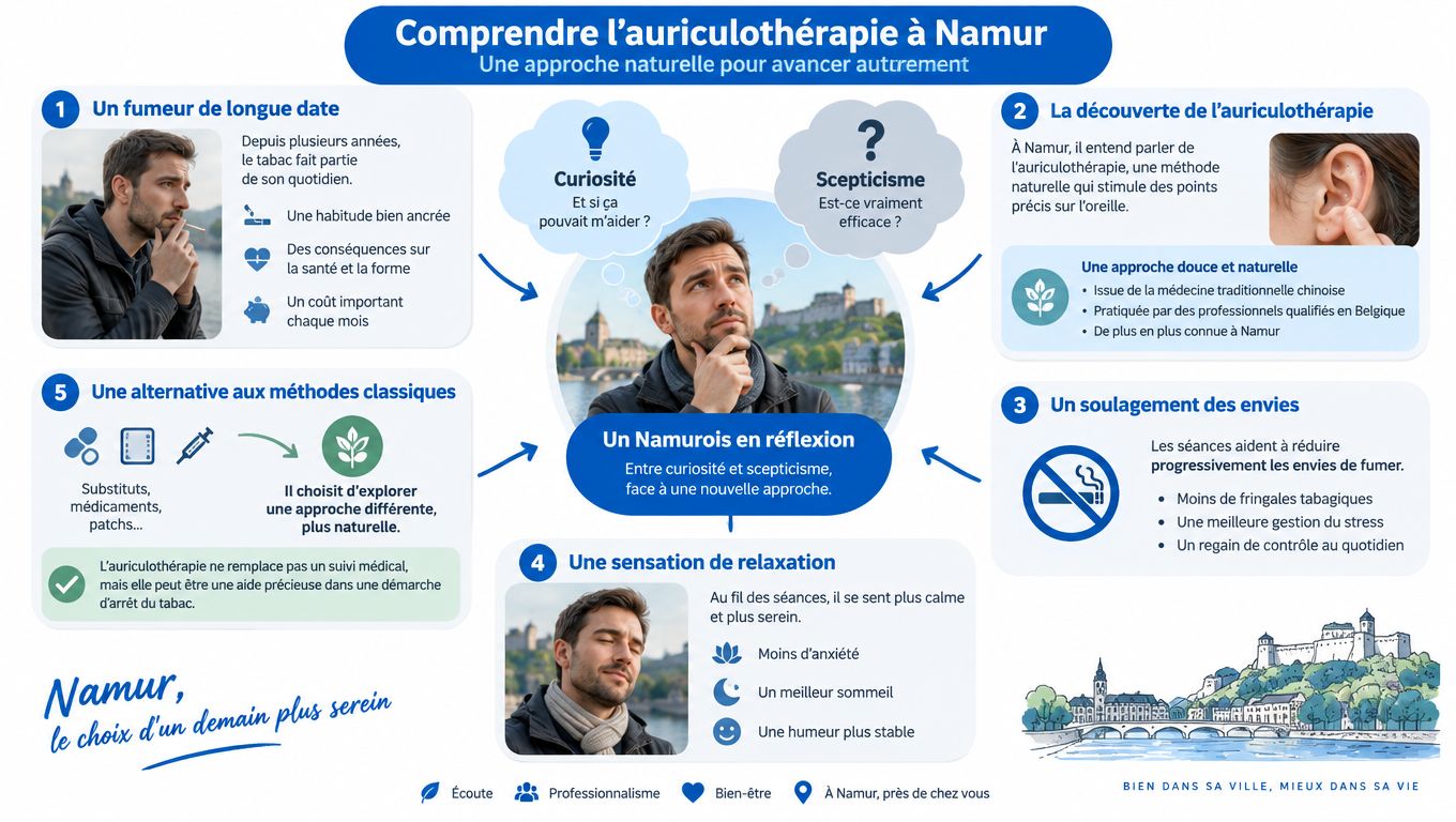 Infographie expliquant l'auriculothérapie à Namur comme une méthode naturelle pour arrêter de fumer sereinement.