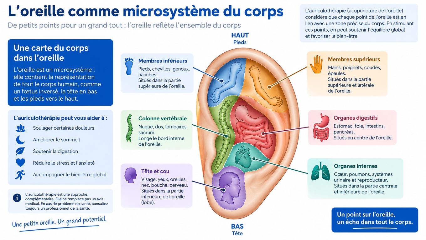 Schéma explicatif montrant l'oreille comme microsystème du corps humain pour la pratique de l'auriculothérapie.