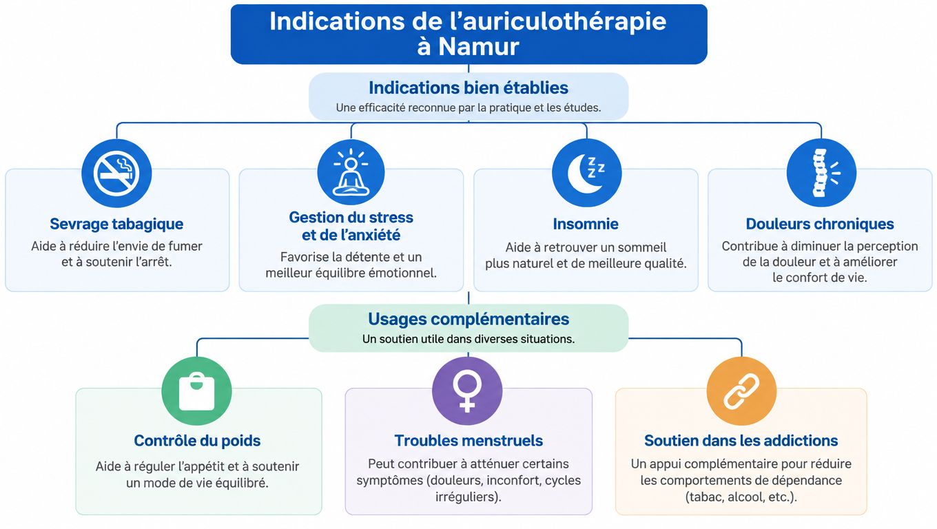 Schéma informatif sur les indications de l'auriculothérapie à Namur, incluant sevrage tabagique, stress, insomnie et douleurs chroniques.