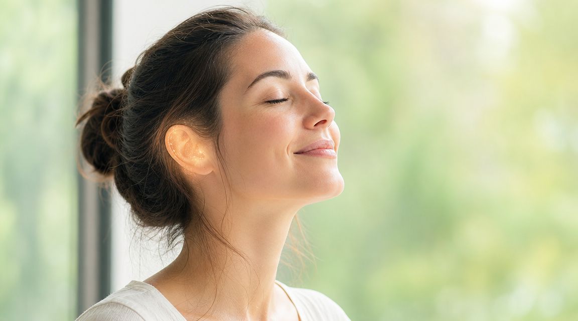 Une femme sereine avec les yeux fermés, mettant en avant une stimulation lumineuse sur son oreille.