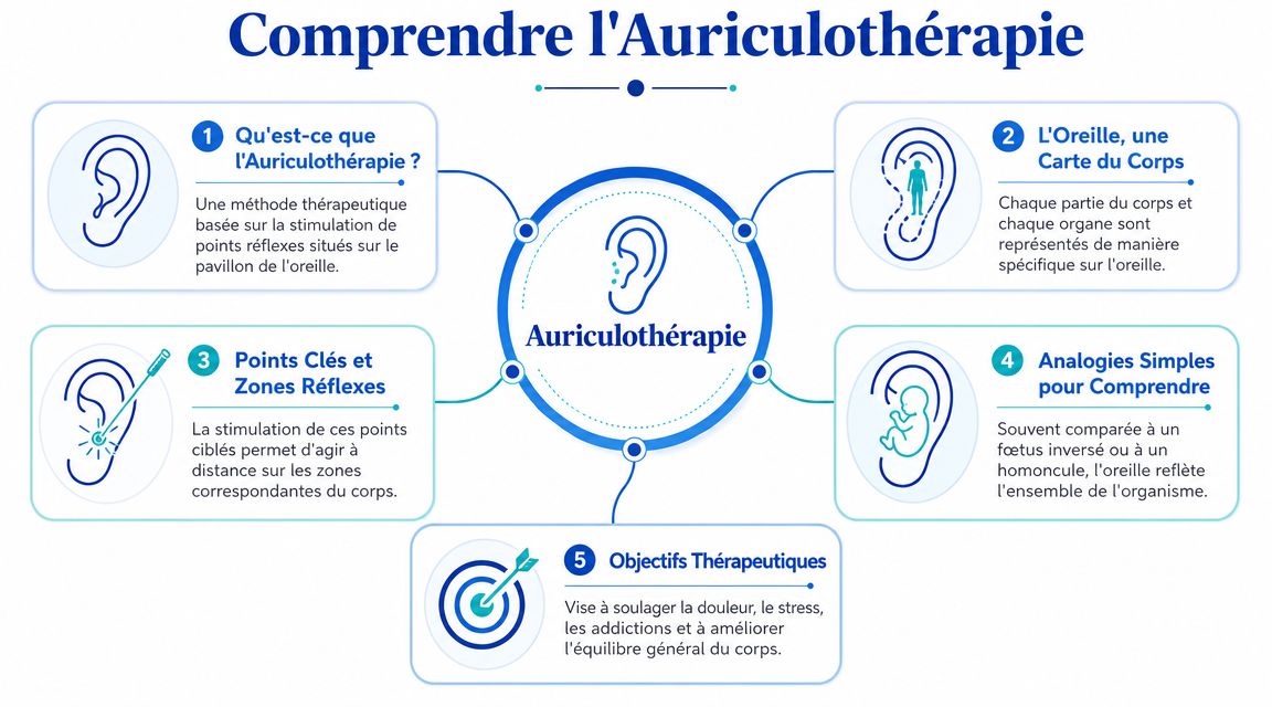 Infographie pédagogique expliquant les principes fondamentaux de l'auriculothérapie, ses points réflexes et ses objectifs thérapeutiques pour la santé.