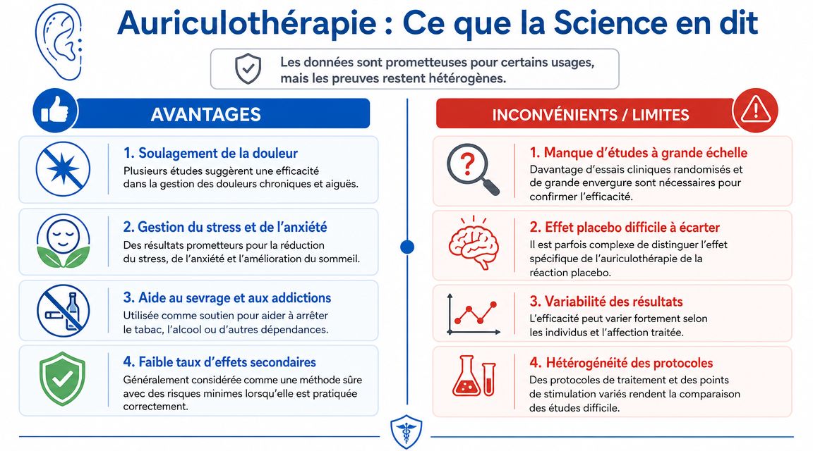 Infographie présentant les avantages et les limites scientifiques de l'auriculothérapie pour la santé et le bien-être.