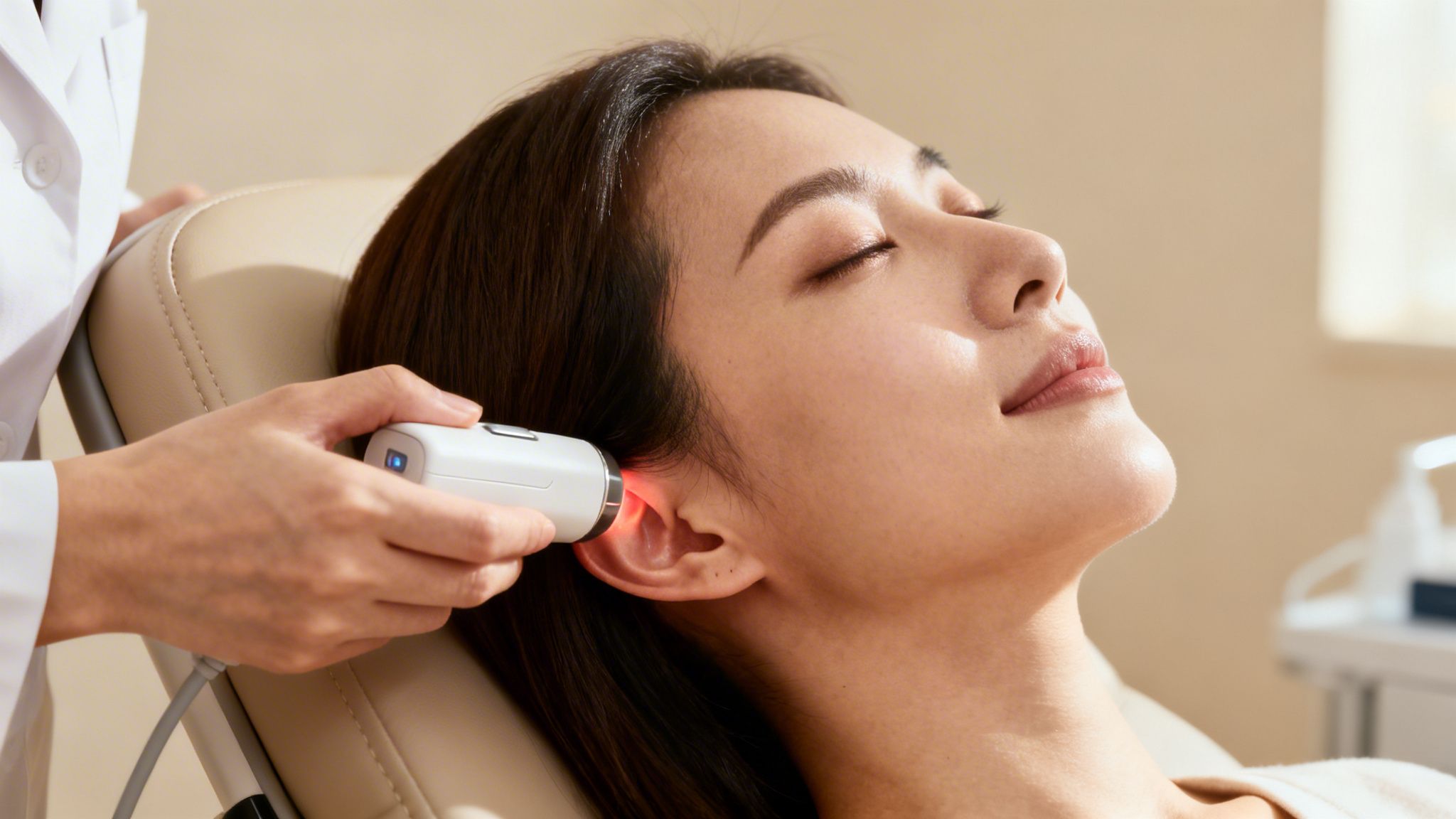 Points auriculothérapie pour addictions explication du protocole NADA 5 Une femme détendue reçoit un traitement d'auriculothérapie sur l'oreille droite, prodigué par un professionnel avec un appareil lumineux.