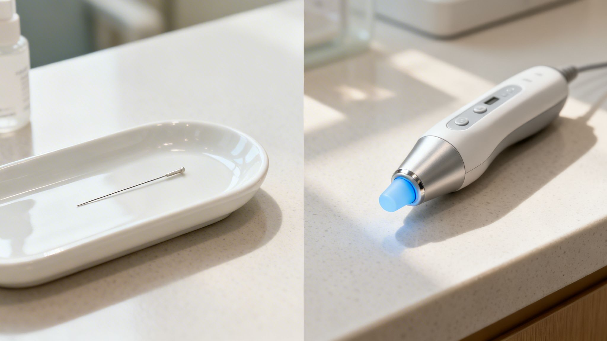 Points auriculothérapie pour addictions explication du protocole NADA 4 Aiguille d'acupuncture sur plateau et appareil de thérapie à lumière bleue, posés sur un comptoir.