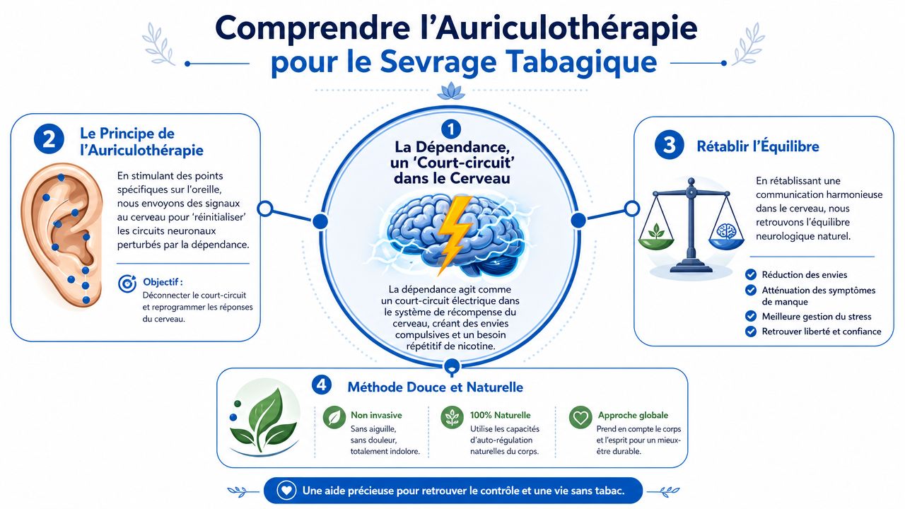 Séance auriculothérapie arrêt tabac prix Belgique 1 Infographie explicative sur l'auriculothérapie pour le sevrage tabagique, détaillant les mécanismes cérébraux et les bénéfices de la méthode.