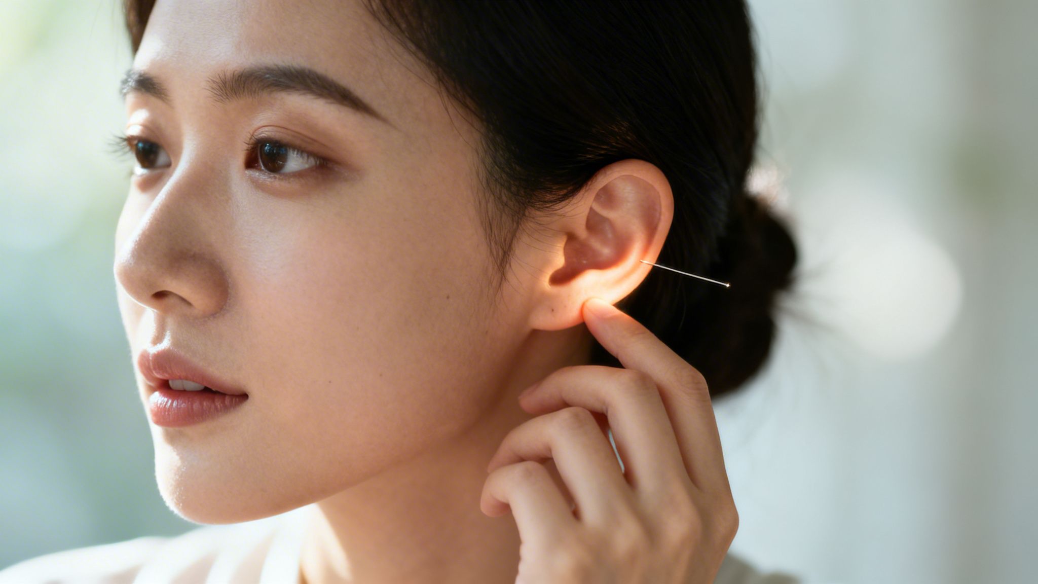 Une jeune femme recevant une séance d'auriculothérapie avec une aiguille insérée dans son oreille pour un traitement médical.