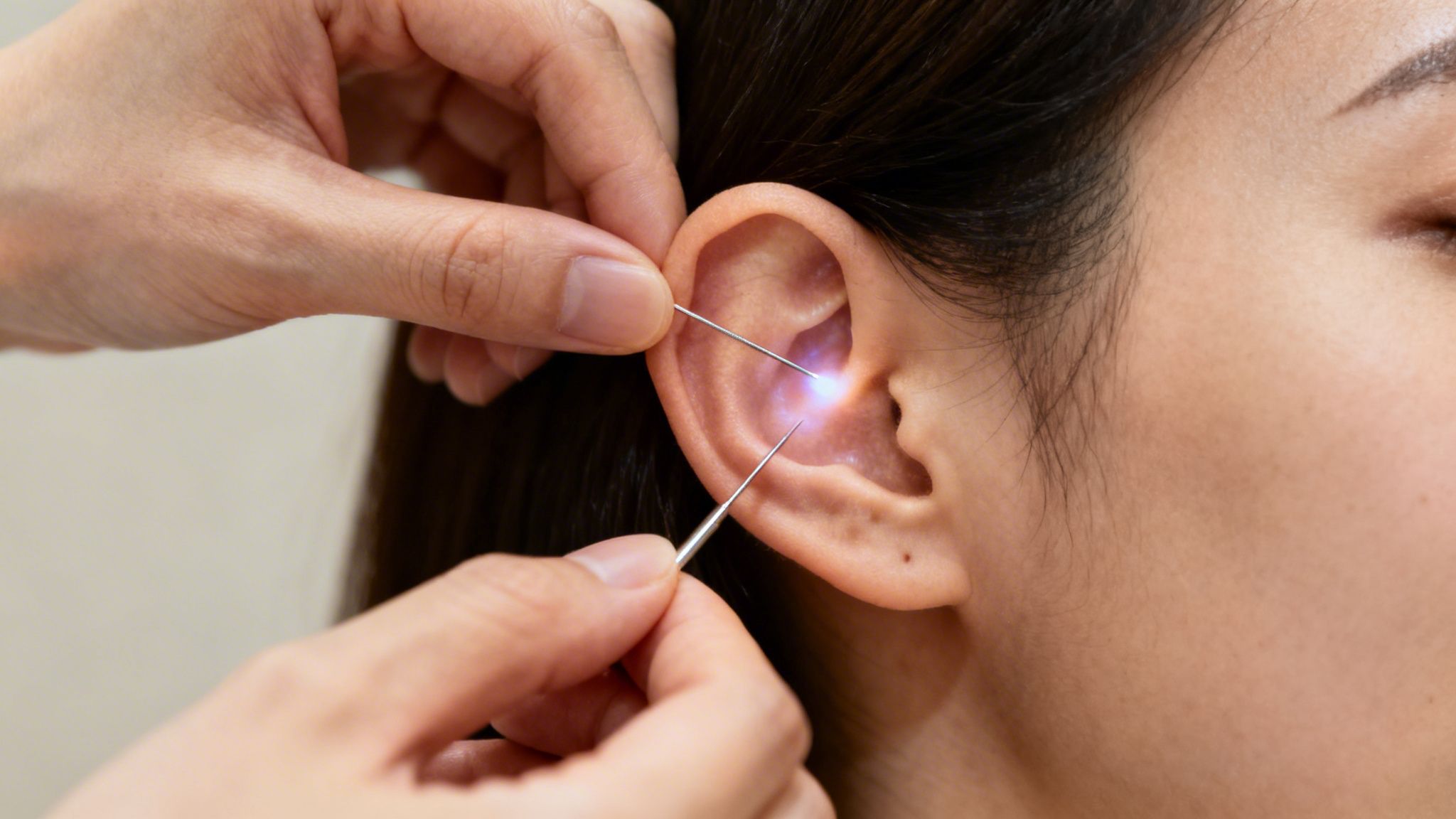 Praticien effectuant une séance d'auriculothérapie laser sur le pavillon de l'oreille pour traiter divers troubles.