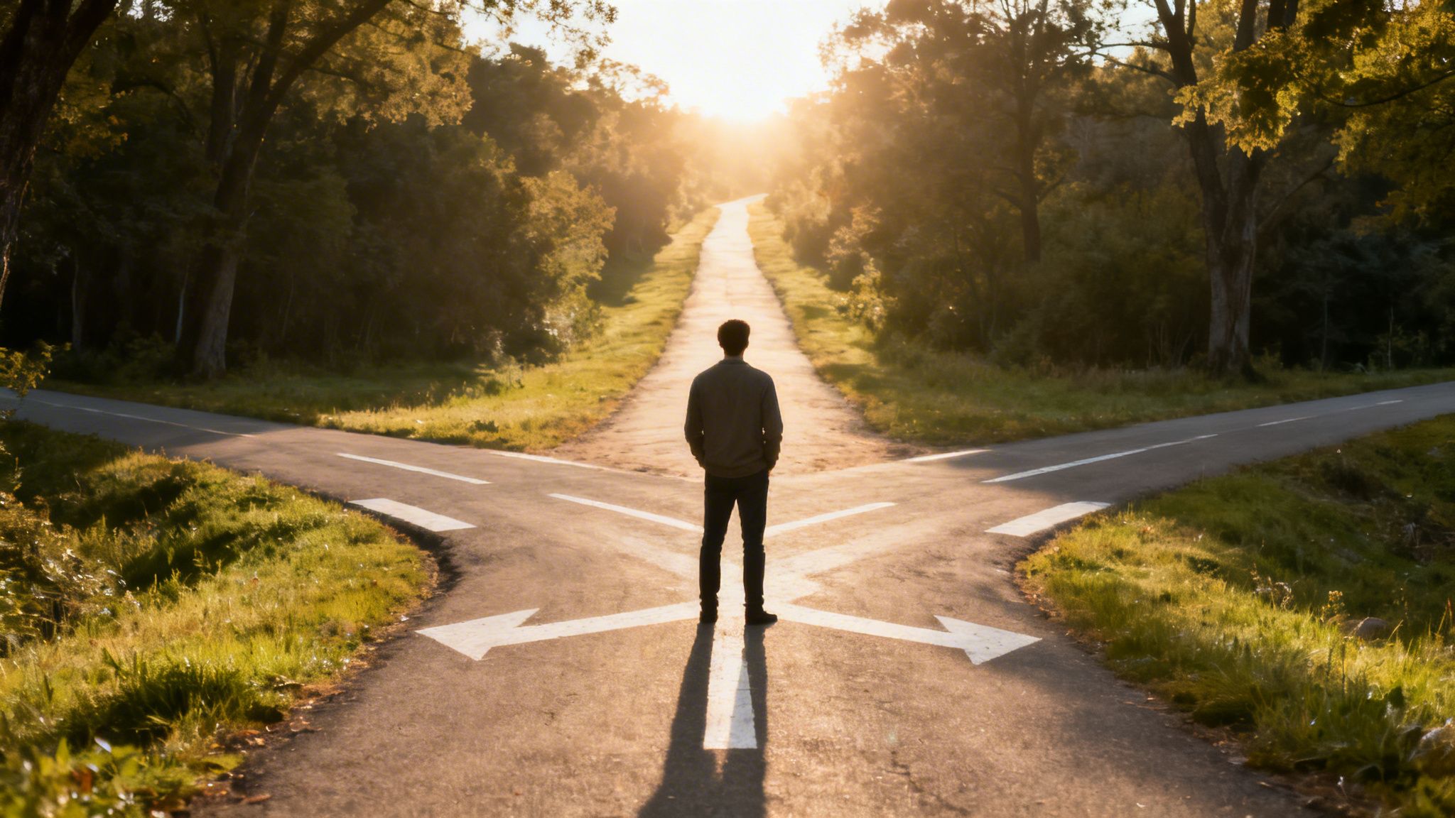 Un homme debout au carrefour d'une route ensoleillée, symbolisant un choix difficile entre plusieurs directions de vie.
