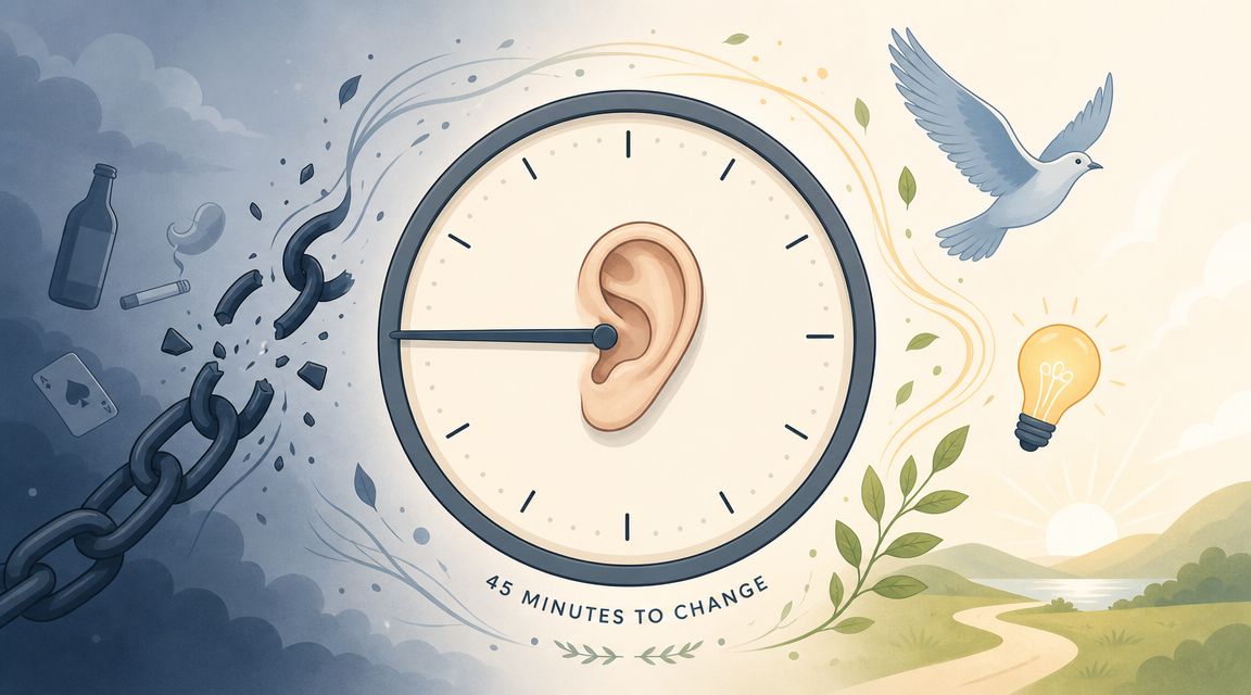 Auriculothérapie: La méthode la plus efficace contre les addictions 5 Une oreille humaine au centre d'une horloge symbolisant l'arrêt des addictions par l'auriculothérapie en 45 minutes.
