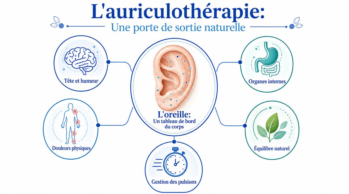 Auriculothérapie: La méthode la plus efficace contre les addictions 3 Schéma explicatif de l'auriculothérapie montrant les zones de l'oreille connectées aux différents organes et fonctions du corps humain.