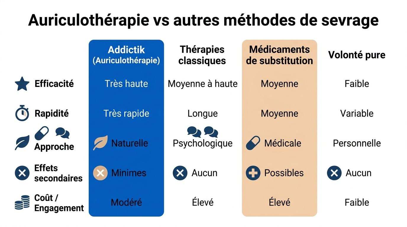 Auriculothérapie: La méthode la plus efficace contre les addictions 4 Tableau comparatif des différentes méthodes de sevrage, mettant en avant les avantages de l'auriculothérapie pour les addictions.