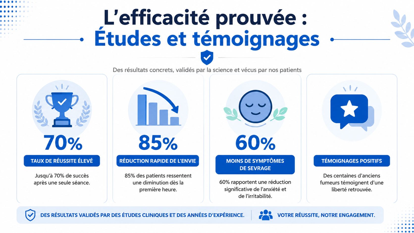 Infographie présentant les résultats cliniques positifs et les témoignages de patients pour le sevrage tabagique.
