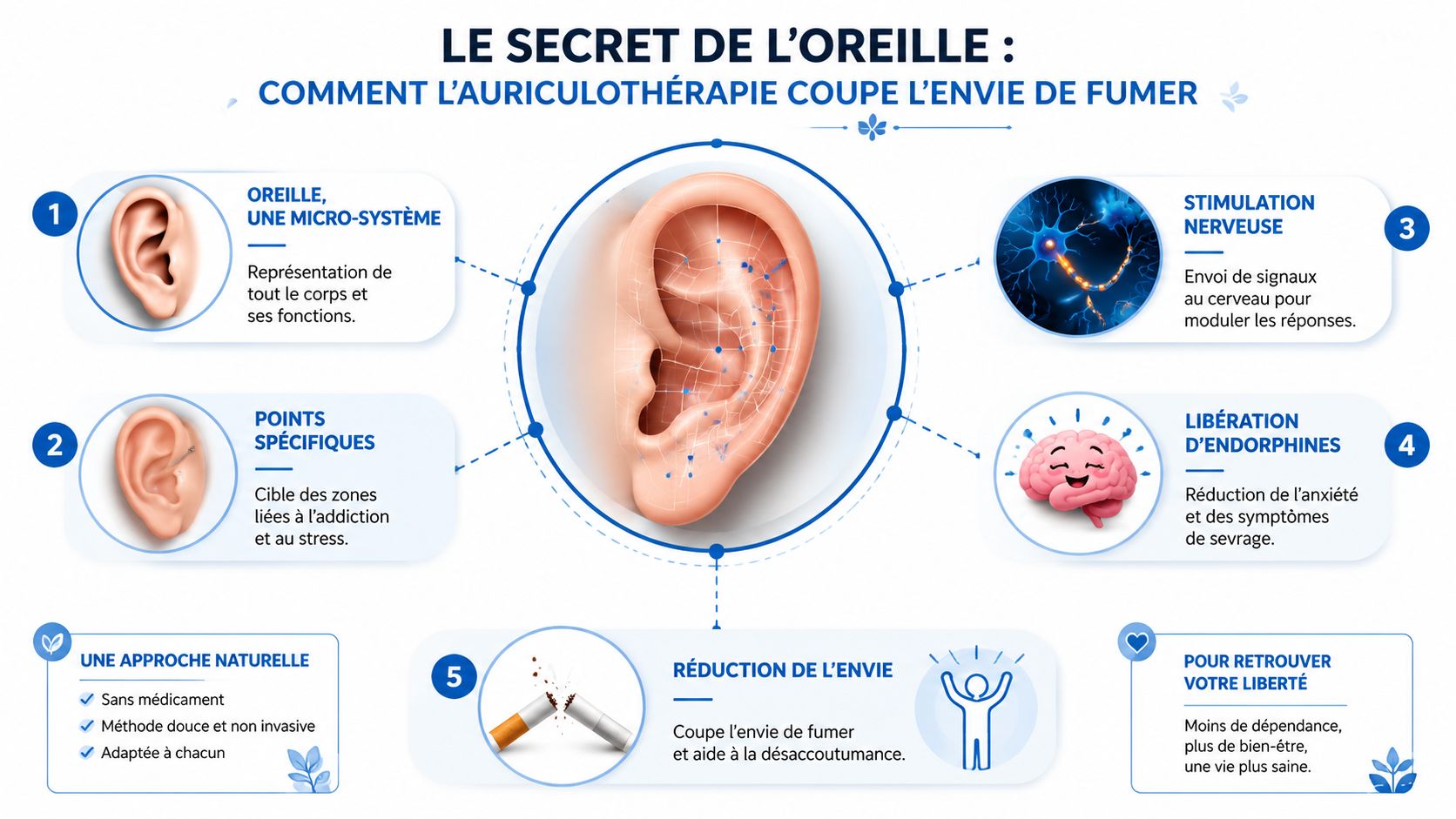 Infographie explicative sur le fonctionnement de l'auriculothérapie pour arrêter de fumer grâce à des points réflexes auriculaires.
