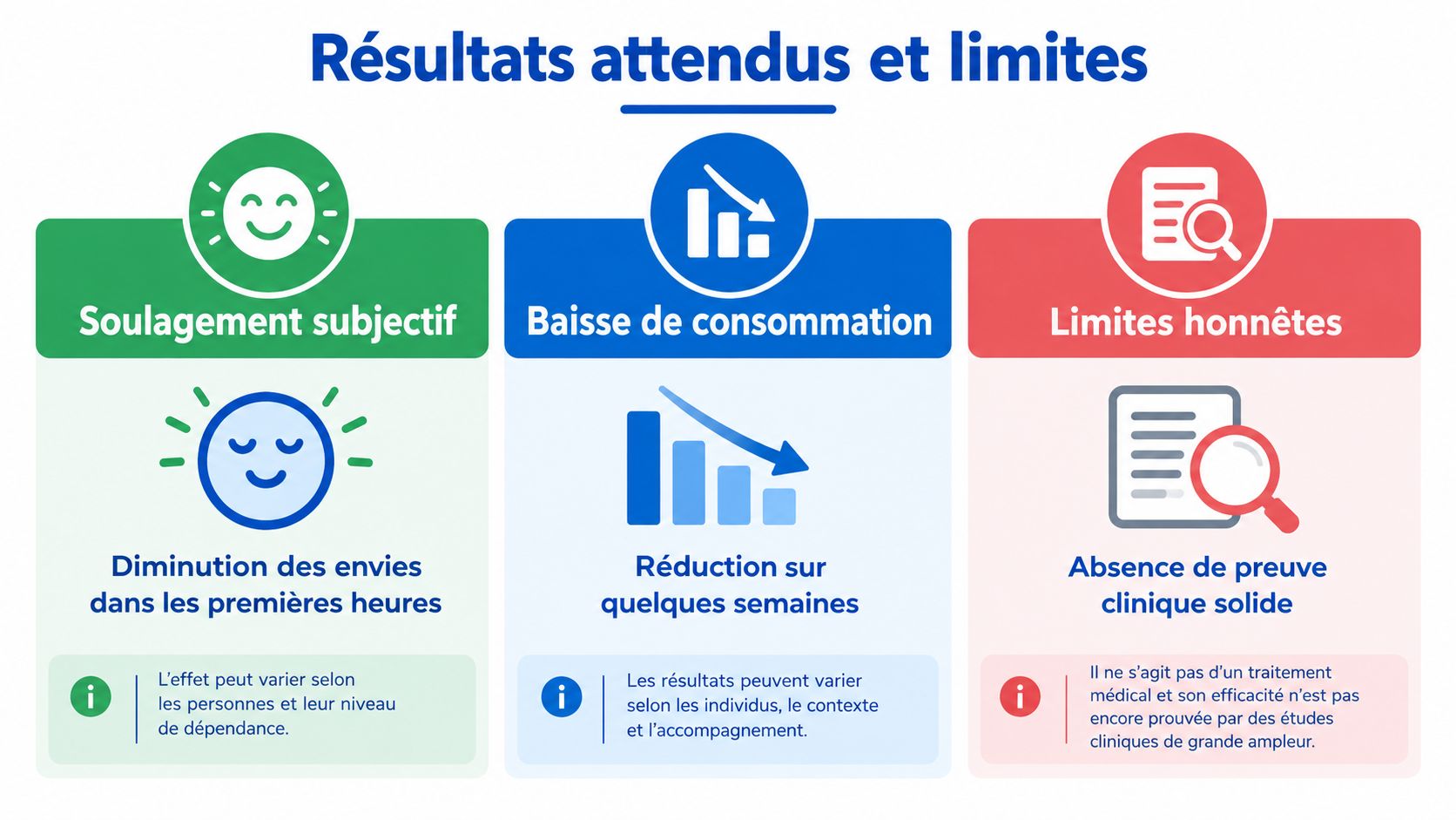 Auriculothérapie Wavre : Guide Complet et Adresses Utiles 4 Infographie présentant les résultats attendus et les limites de l'auriculothérapie concernant la baisse de consommation.