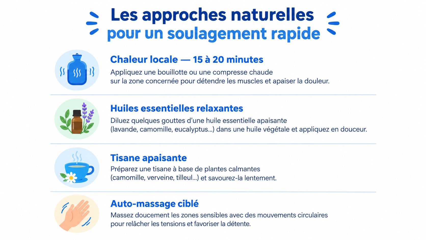 Mal de dos la nuit : causes et solutions pour dormir 3 Une infographie présentant quatre méthodes naturelles pour soulager rapidement les douleurs musculaires, incluant la chaleur, les huiles, les tisanes et le massage.