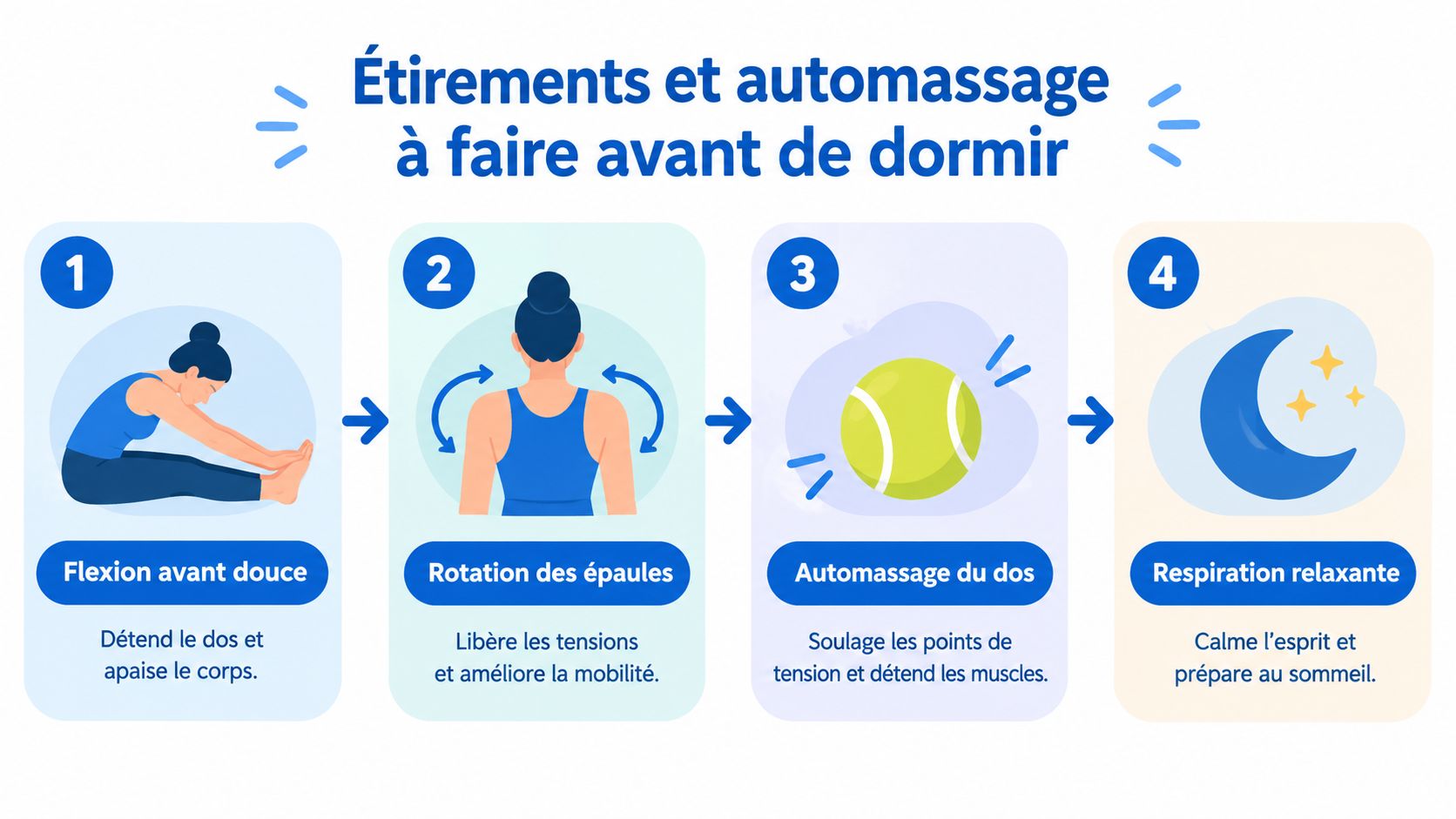 Mal de dos la nuit : causes et solutions pour dormir 2 Une infographie montrant quatre exercices de relaxation et d'automassage simples à réaliser avant de se coucher.