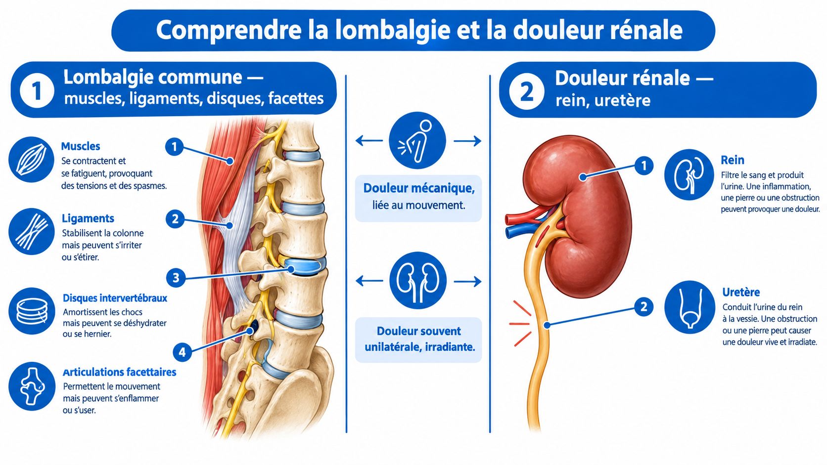 Mal de dos rein : comment faire la différence 1 Infographie comparant les causes de la lombalgie mécanique et les douleurs liées aux reins ou aux uretères.