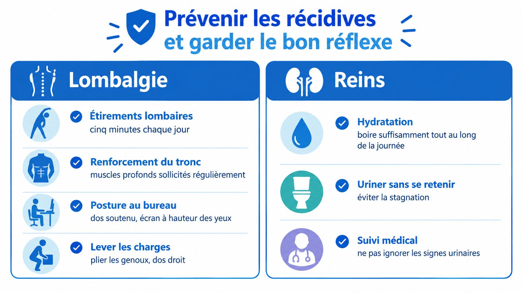 Mal de dos rein : comment faire la différence 3 Infographie illustrant des conseils pour prévenir les lombalgies et les problèmes rénaux au quotidien.