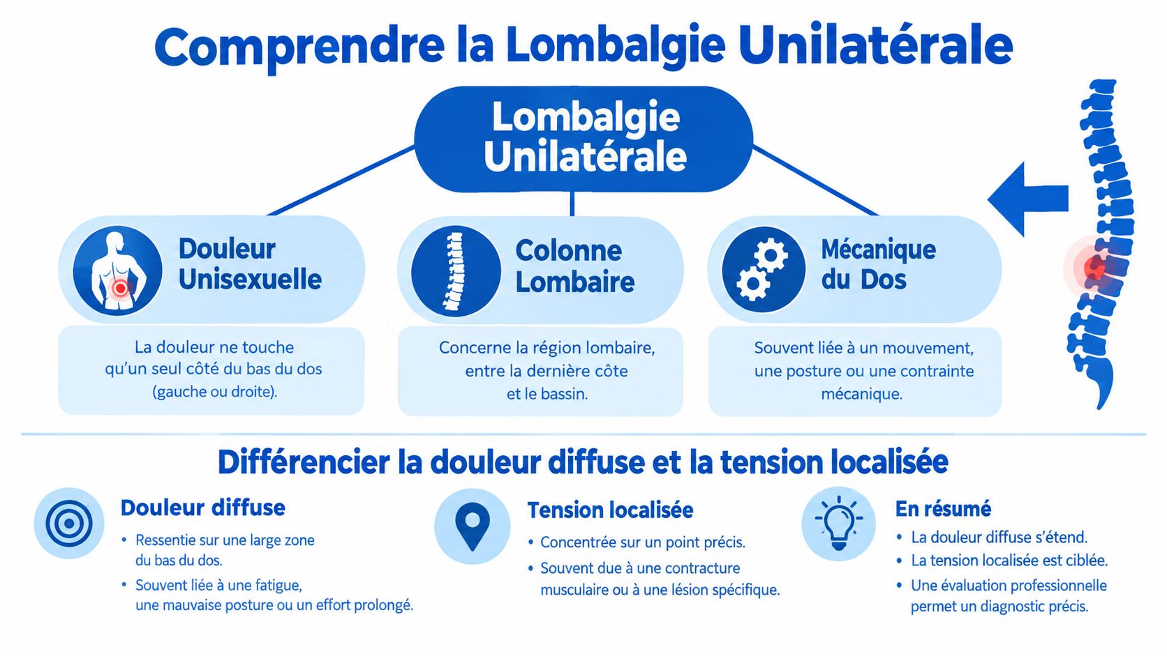 Infographie explicative sur la lombalgie unilatérale, ses caractéristiques mécaniques et la distinction entre douleur diffuse et tension localisée.