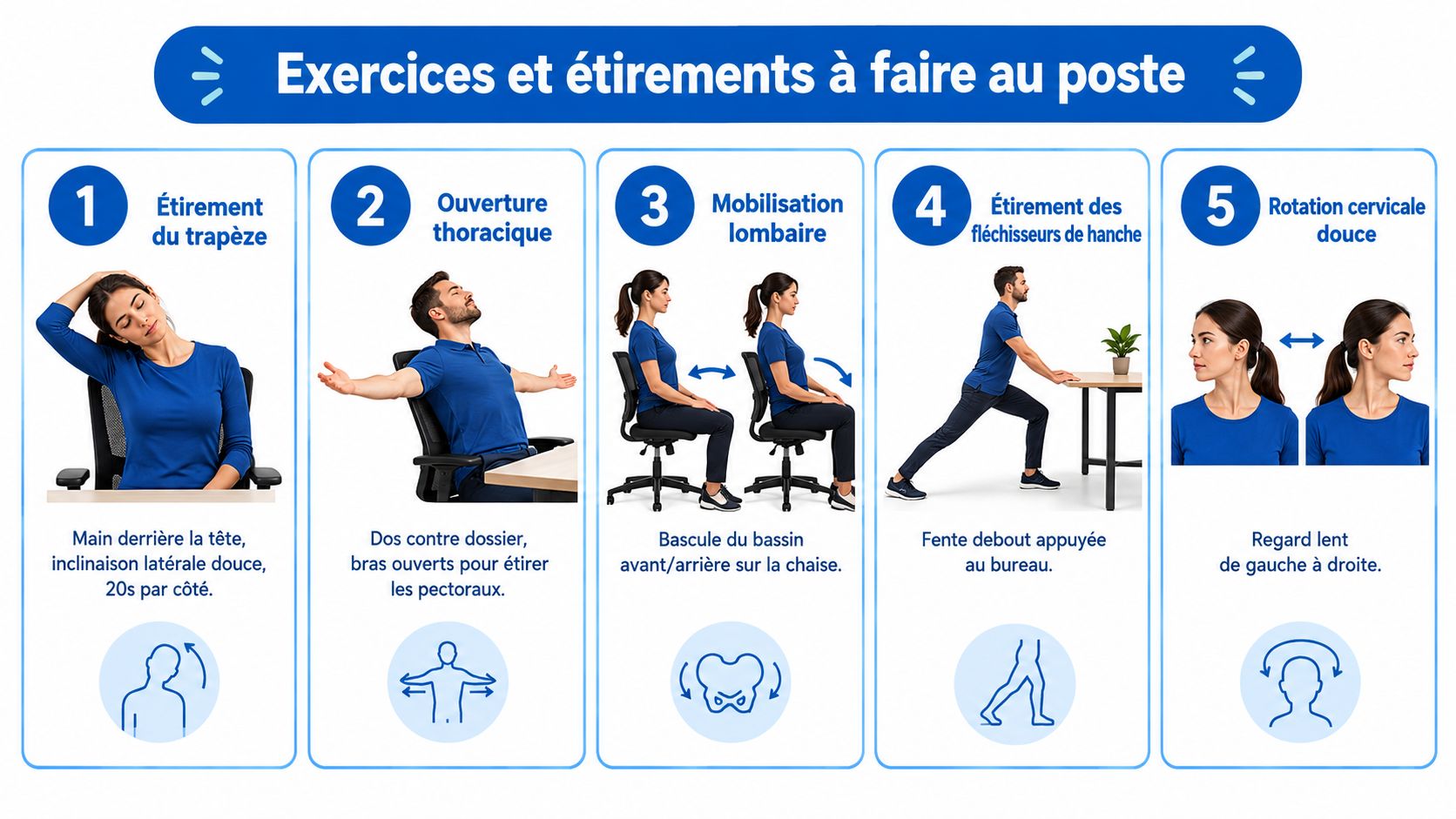 Une infographie montrant cinq exercices d'étirement simples à faire au bureau pour soulager les tensions musculaires.