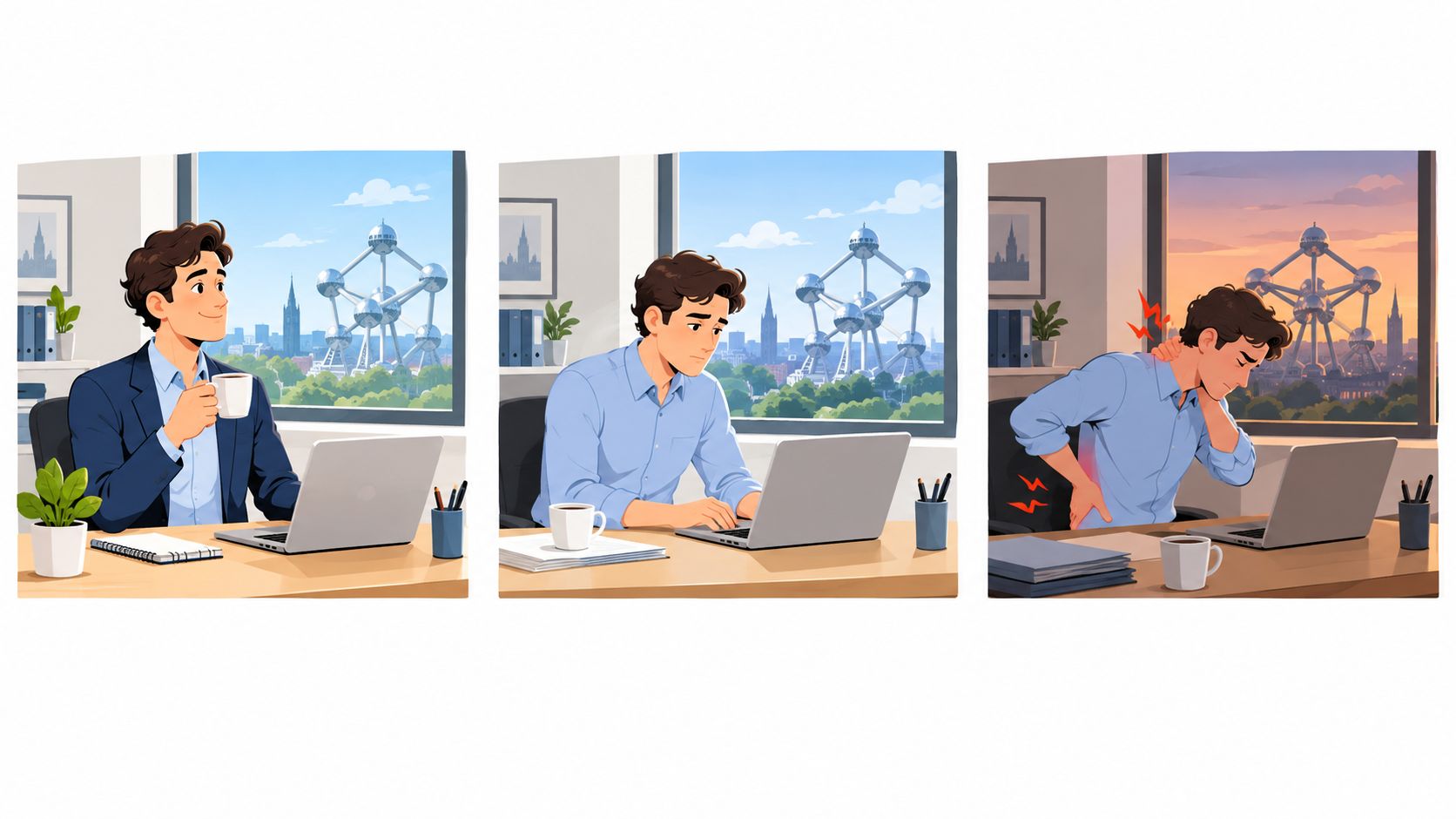 Un homme travaille à son bureau et souffre de douleurs au dos dues à une mauvaise posture prolongée.