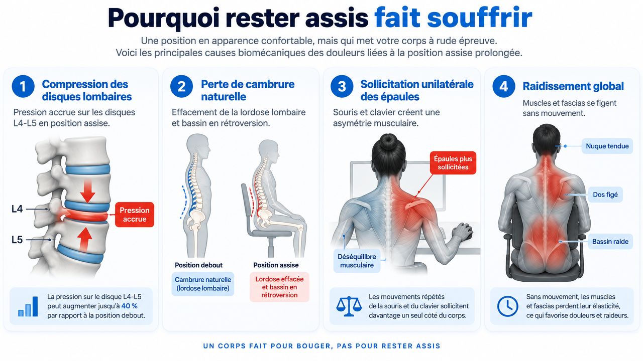 Infographie illustrant les causes biomécaniques des douleurs liées à la position assise prolongée et ses effets corporels.