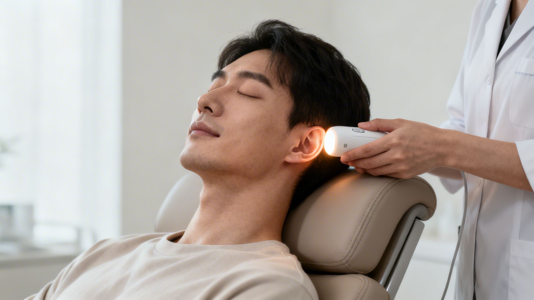 Guide: addiction benzodiazépines aide pour un sevrage sûr et efficace 5 Un homme se détend pendant qu'un médecin examine son oreille avec un otoscope lumineux.