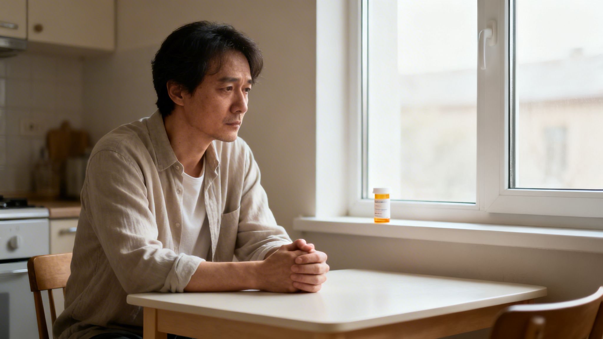 Guide: addiction benzodiazépines aide pour un sevrage sûr et efficace 3 Un homme asiatique pensif est assis à une table, une bouteille de pilules sur le rebord de la fenêtre.