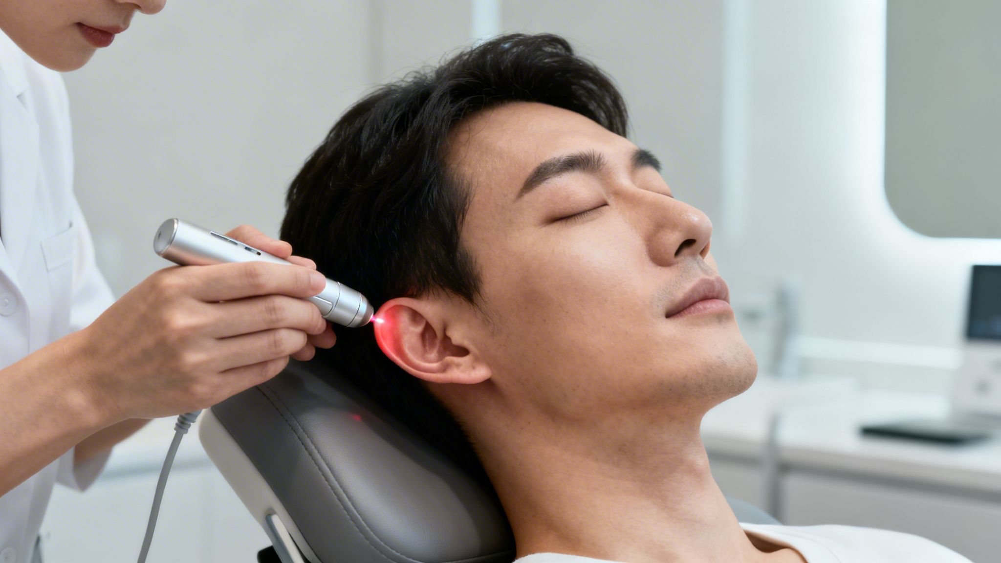 Une femme médecin utilise un appareil laser sur l'oreille d'un homme allongé pour une séance d'auriculothérapie.