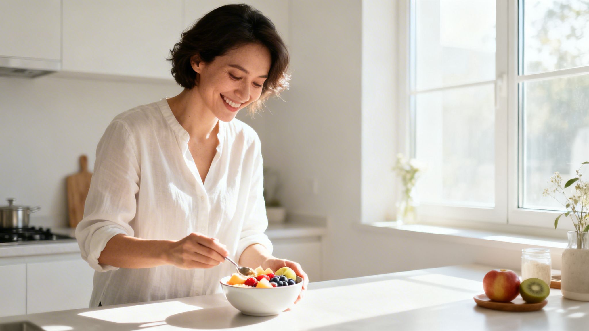 Femme heureuse dégustant un bol de salade de fruits frais dans une cuisine moderne et ensoleillée.