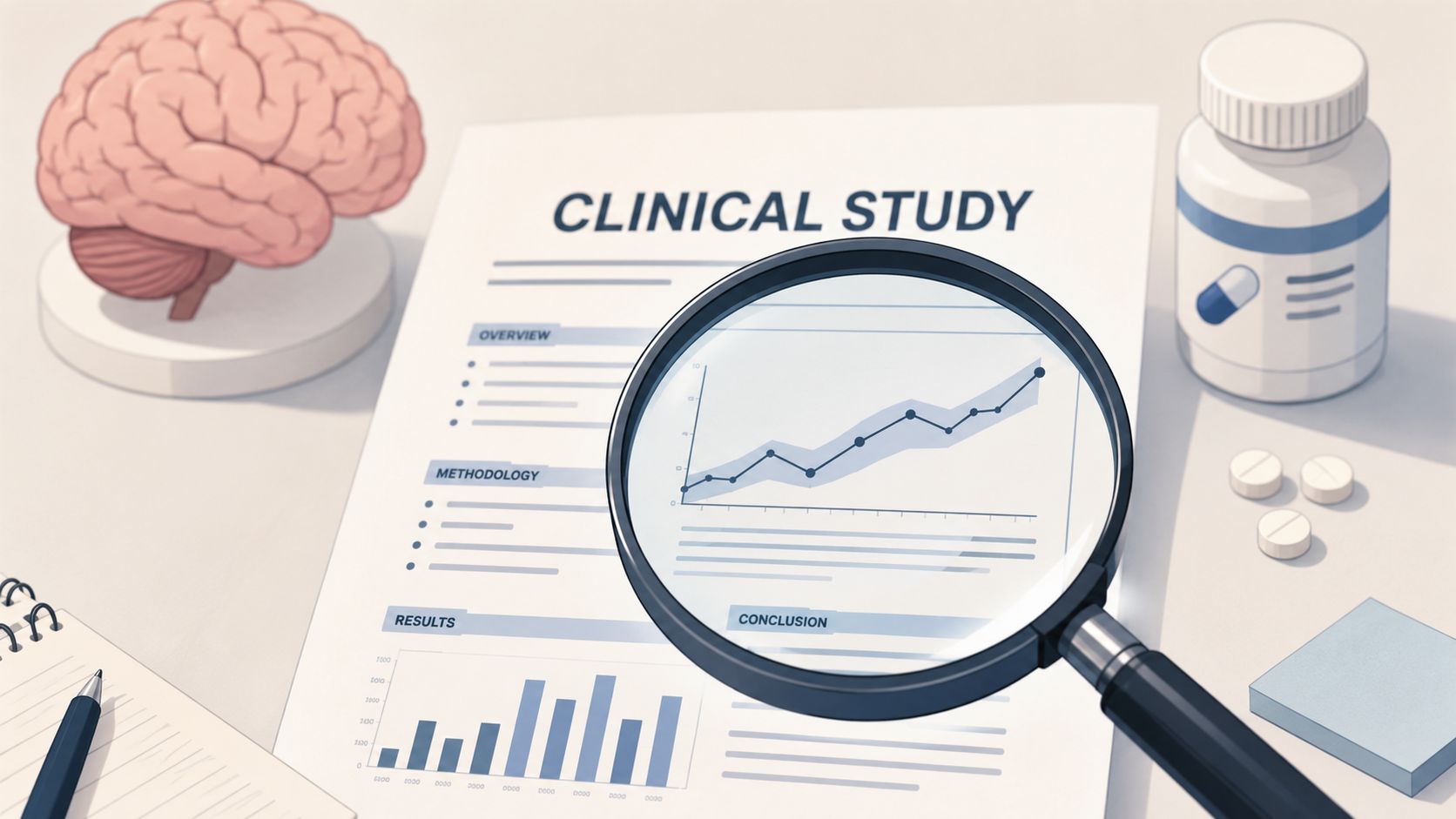 Une étude clinique sur un cerveau et des médicaments examinée à la loupe sur un bureau médical.