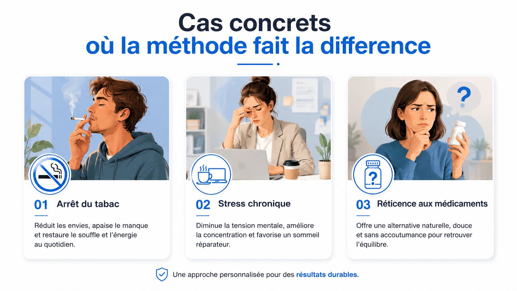 Trois cas concrets illustrant comment cette méthode aide à arrêter le tabac, gérer le stress et éviter les médicaments.