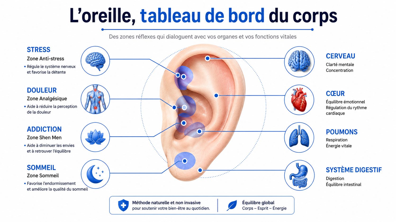 Schéma illustrant les zones réflexes de l'oreille associées à différents organes et bienfaits pour la santé.
