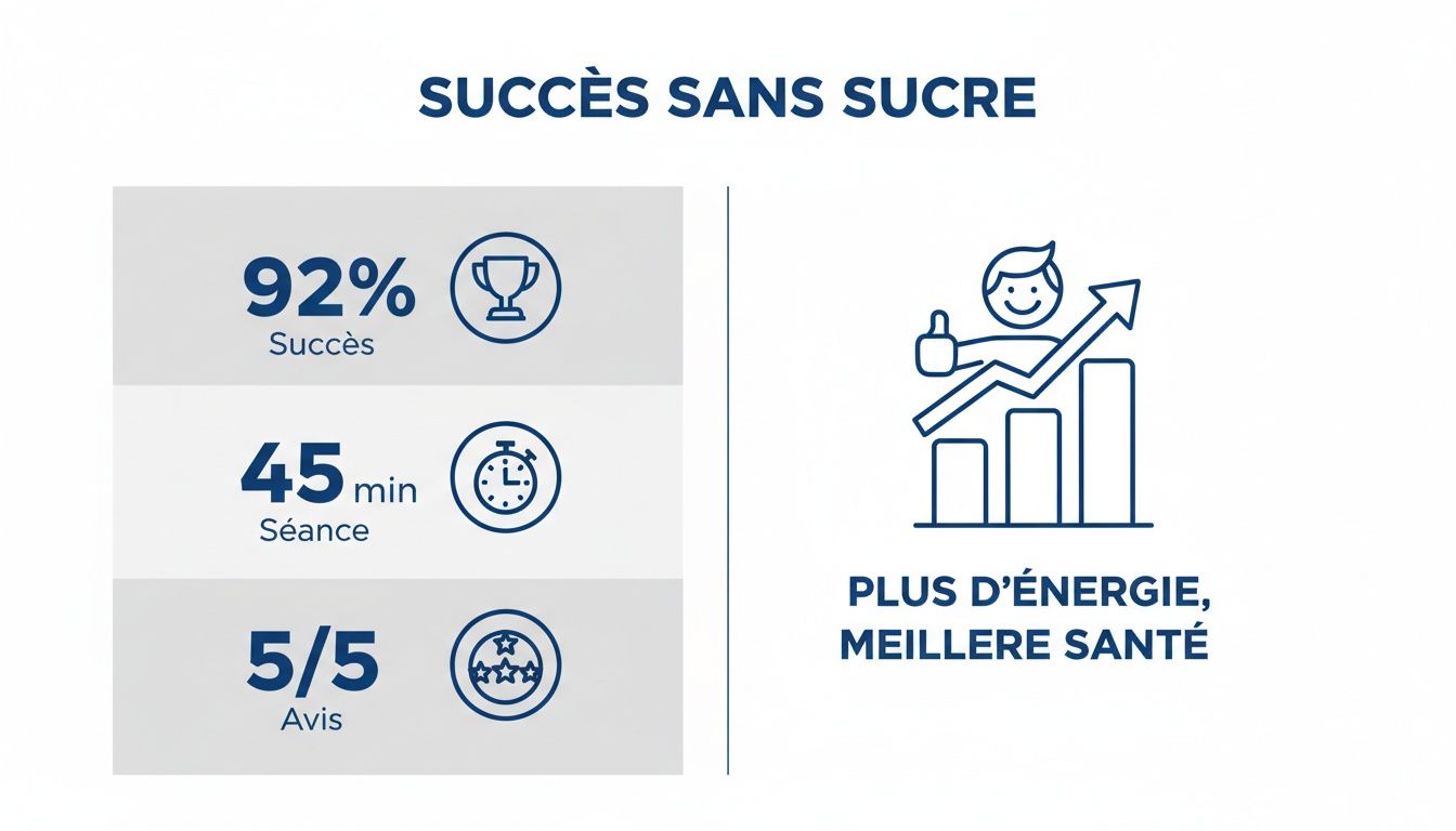 Infographie sur le succès d'un programme sans sucre: 92% de réussite, 45 minutes par séance, 5/5 avis et meilleure santé.
