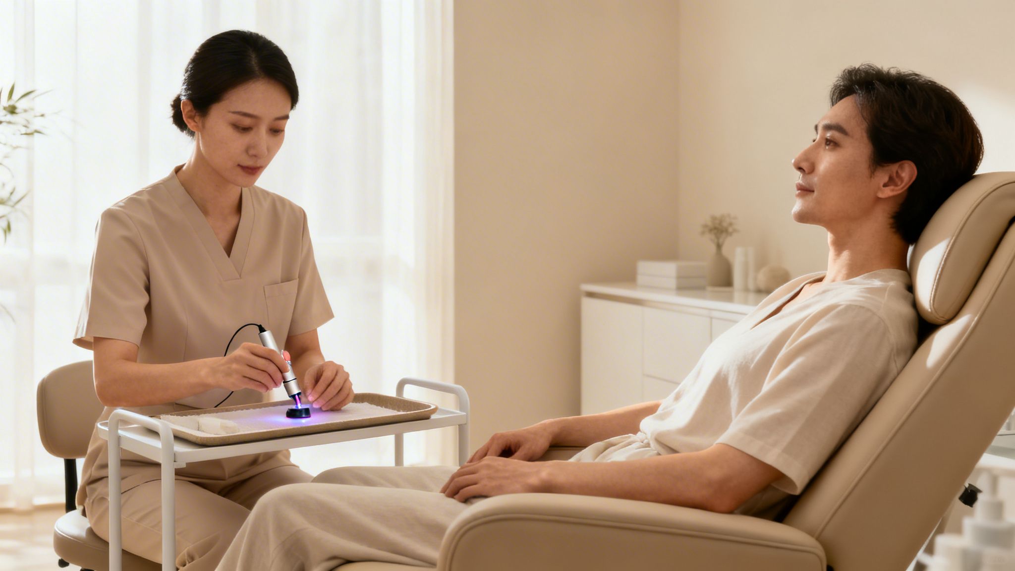 Un professionnel de la santé prépare un appareil avec lumière violette pour une procédure esthétique, avec un patient détendu.