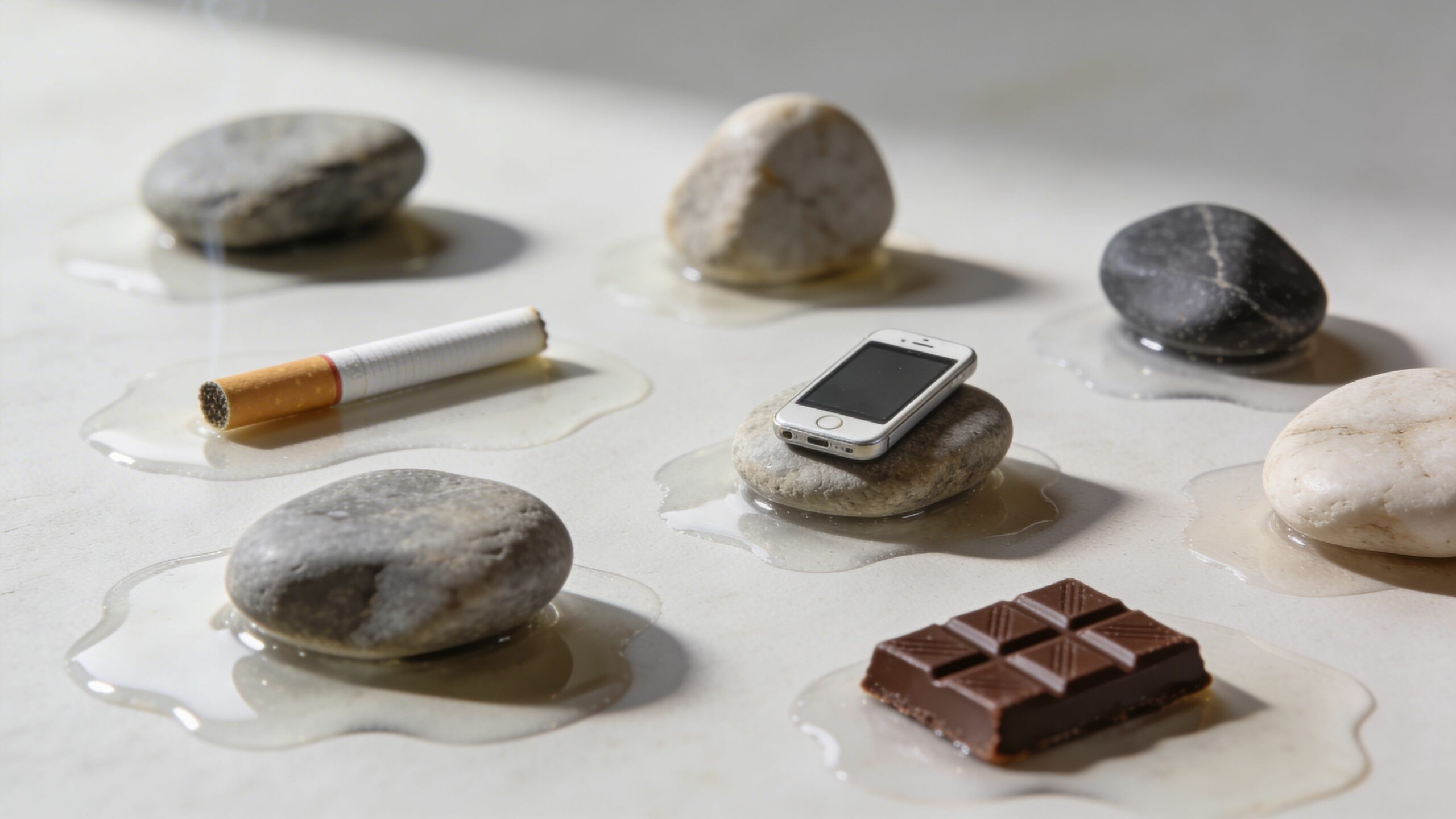 Objets variés posés sur des flaques d'eau, symbolisant les addictions dans un concept artistique minimaliste.