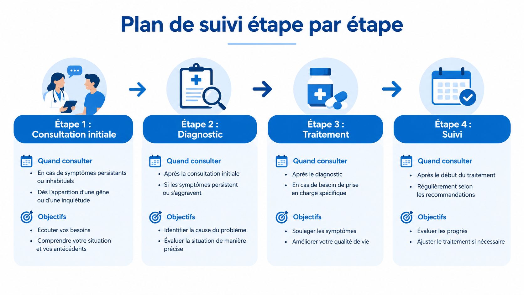 Infographie illustrant le plan de suivi médical étape par étape, de la consultation initiale jusqu'au suivi régulier.