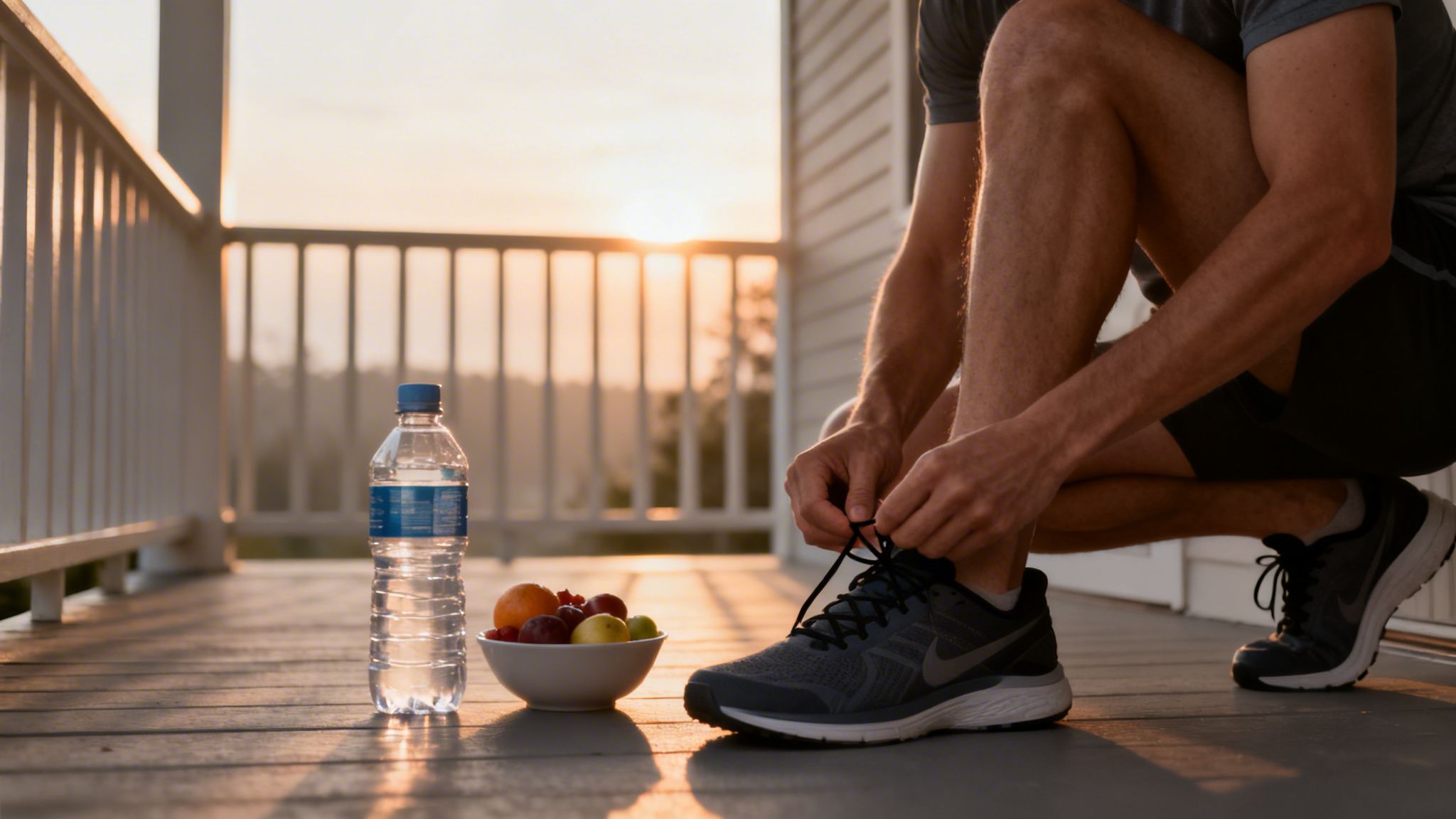 Un homme attache ses lacets sur une terrasse, près d'une bouteille d'eau et d'une coupelle de fruits frais.