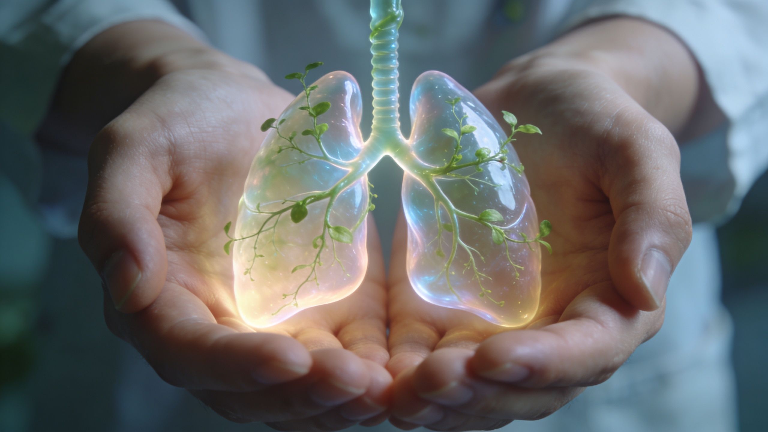 Nettoyer poumons fumeur : Notre protocole naturel 3 Des mains délicatement ouvertes tenant des poumons transparents et lumineux avec de petites plantes vertes à l'intérieur.
